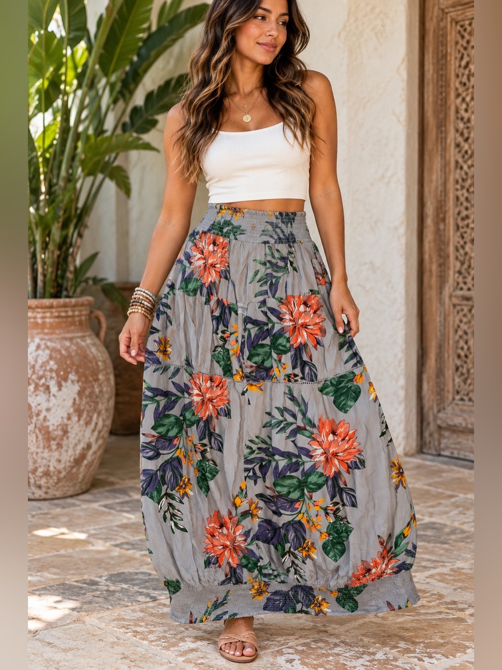 Patrons of Peace Floral Smocked Maxi Skirt Size Large